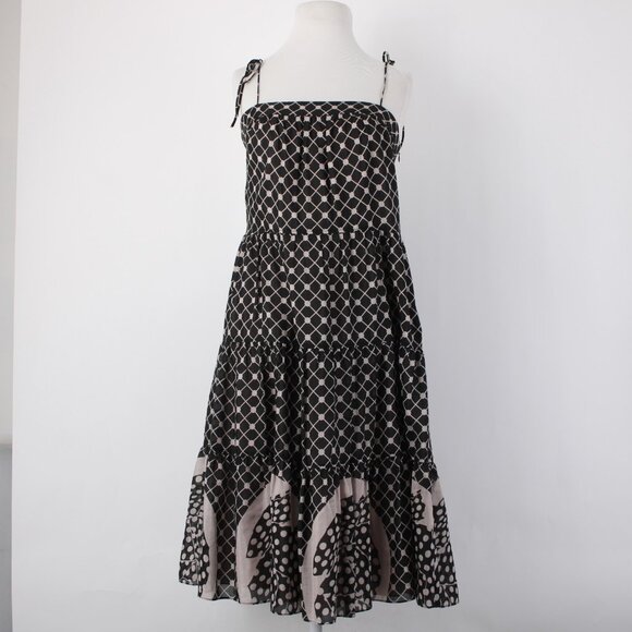 Tocca Dress Sz 4 Black Tan Ruffled Lined Fit Flare Cotton Silk Dress - Picture 2 of 16